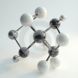 Molecular Structure with Black White and Silver Spheres on White Background