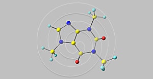 Molecular structure of Caffeine isolated on grey