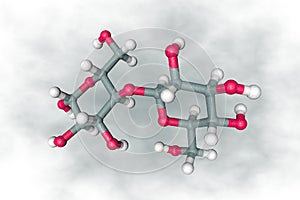 Molecular structure of cellobiose. Atoms are represented as spheres with conventional color coding: carbon grey