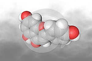 Molecular structure of flavonoid apigenin. Atoms are represented as spheres with color coding: carbon grey, oxygen