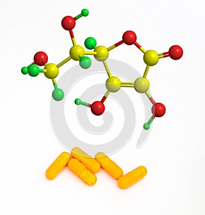 Molecular structure L-ascorbic acid and vitamin C pills