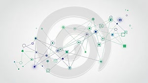 Molecular structure. Lines connect the shapes, creating a web-like pattern,