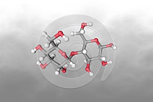 Molecular structure of maltose. Atoms are represented as spheres with conventional color coding: carbon grey, oxygen