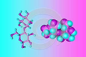 Molecular structure of maltose or malt sugar, a disaccharide formed from two units of glucose. Scientific background. 3d