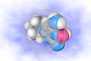 Molecular model of minoxidil. Atoms are represented as spheres with color coding: carbon grey, oxygen red, nitrogen photo