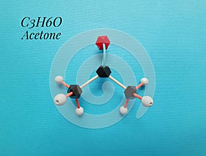 Molecular structure model and chemical formula of acetone, the simplest ketone, an organic solvent used in nail polish remover photo