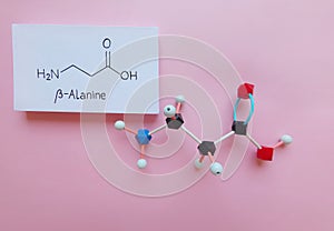 Beta Alanine molecule. Molecular structure model and structural chemical formula of beta-alanine molecule.