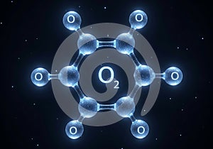 Molecular structure of oxygen o2 in a hexagonal arrangement on a dark nebula background