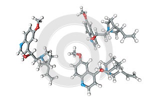 Molecular structure of quinine. Atoms are represented as spheres with conventional color coding: carbon grey, oxygen