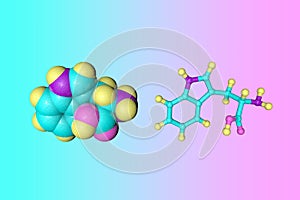 Molecular structure of tryptophan, an essential amino acid used in the biosynthesis of proteins. Scientific background