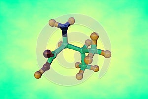 Molecular structure of valine, an essential amino acid used in the biosynthesis of proteins. Medical background