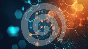 Molecular structure visualization, abstract background with glowing hexagons and circles