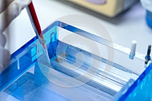 Molecular technique gel electrophoresis for DNA sample method decrypt the genetic code