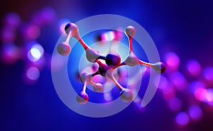 Molecule 3D illustration. Laboratory, molecules, crystal lattice. Nanotech research. Decoding genome. Virtual modeling of chemical