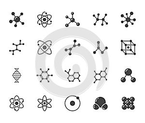 Molecule flat glyph icons set. Chemistry science, molecular structure, chemical laboratory dna cell protein vector photo