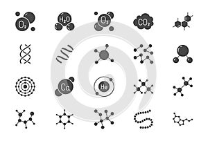 Molecule flat glyph icons. Vector illustration included icon amino acid, peptide, hormone, protein, collagen, ozone, O2