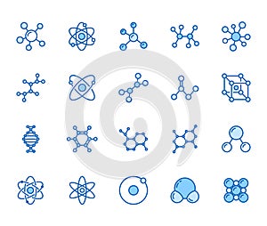 Molecule flat line icons set. Chemistry science, molecular structure, chemical laboratory dna cell protein vector