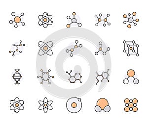 Molecule flat line icons set. Chemistry science, molecular structure, chemical laboratory dna cell protein vector