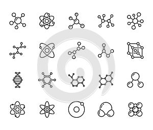 Molecule flat line icons set. Chemistry science, molecular structure, chemical laboratory dna cell protein vector photo