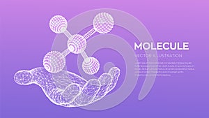 Molecule in hand. Dna, atom, neurons. Molecules and chemical formulas. 3D Scientific molecule background for medicine, science,