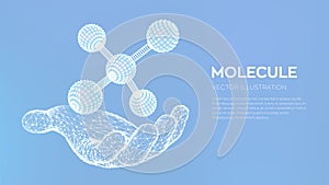 Molecule in hand. Dna, atom, neurons. Molecules and chemical formulas. 3D Scientific molecule background for medicine, science,