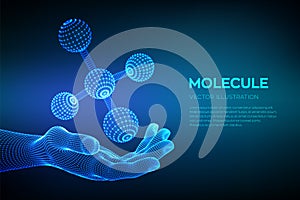 Molecule in hand. Dna, atom, neurons. Molecules and chemical formulas. 3D Scientific molecule background for medicine, science,