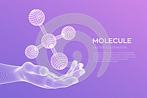 Molecule in hand. Dna, atom, neurons. Molecules and chemical formulas. 3D Scientific molecule background for medicine, science,