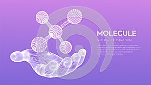 Molecule in hand. Dna, atom, neurons. Molecules and chemical formulas. 3D Scientific molecule background for medicine, science,