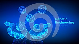 Molecule in hands. Dna, atom, neurons. Molecules and chemical formulas. 3D Scientific molecule background for medicine