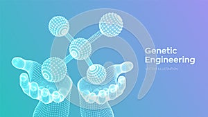 Molecule in hands. Dna, atom, neurons. Molecules and chemical formulas. 3D Scientific molecule background for medicine, science,