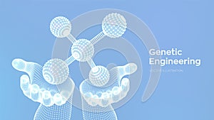 Molecule in hands. Dna, atom, neurons. Molecules and chemical formulas. 3D Scientific molecule background for medicine, science,