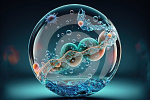 Molecule inside a liquid bubble, cosmetic essence, and a DNA water splash background