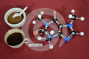 Molecule model of Caffein Coffein. White is Hydrogen, black is Carbon, red is Oxygen and blue is Nitrogen