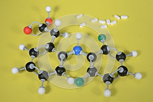 Molecule model of Diclofenac, the active ingredient in many pain killers.