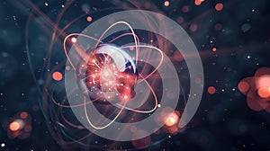 Molecule model with electron orbits illustrates atom structure. Science and nanotechnology concept. Ai Generated