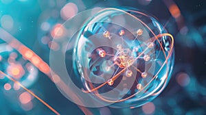 Molecule model with electron orbits illustrates atom structure. Science and nanotechnology concept. Ai Generated