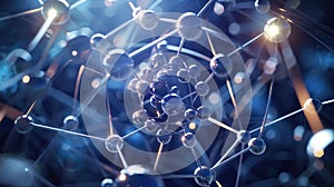 Molecule model with electron orbits illustrates atom structure. Science and nanotechnology concept. Ai Generated