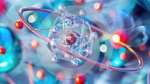 Molecule model with electron orbits illustrates atom structure. Science and nanotechnology concept. Ai Generated