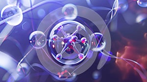Molecule model with electron orbits illustrates atom structure. Science and nanotechnology concept. Ai Generated