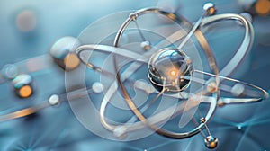 Molecule model with electron orbits illustrates atom structure. Science and nanotechnology concept. Ai Generated