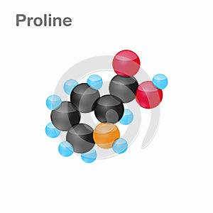 Molecule of Proline, Pro, an amino acid used in the biosynthesis of proteins
