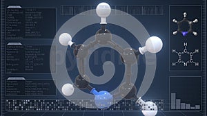 Molecule of pyridine with infographics on the computer monitor, loopable 3d animation