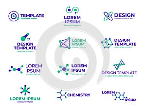 Molecule structure badges. Hexagon molecules design, dna bio and hexagonal logo. Chemistry genetic or microbiology
