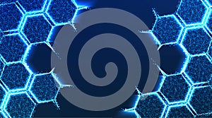 Molecule structure form lines and triangles, hexagon point connecting network on blue background. Abstract low poly, Triangle, dot