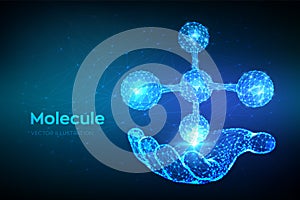 Molecule Structure. Low poly abstract Molecule in hand. Dna, atom, neurons. Molecules and chemical formulas. Scientific background