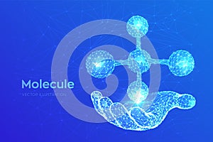 Molecule Structure. Low poly abstract Molecule in hand. Dna, atom, neurons. Molecules and chemical formulas. Scientific background