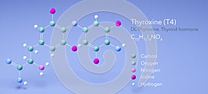 molecule thyroxine, molecular structures, Thyroid hormone 3d model, Structural Chemical Formula and Atoms with Color Coding