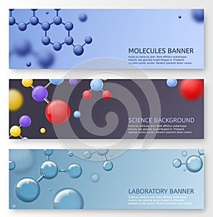 Molecules banners. Molecular structure with shining spherical particles atoms, biotechnology dna, science researching