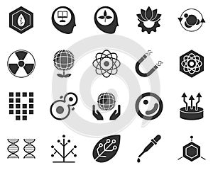 Molecules. Bioengineering glyph icons set. Biotechnology for health, researching, materials creating. Molecular biology,