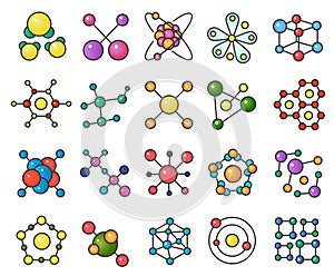 Molecules flat color line color icons set.